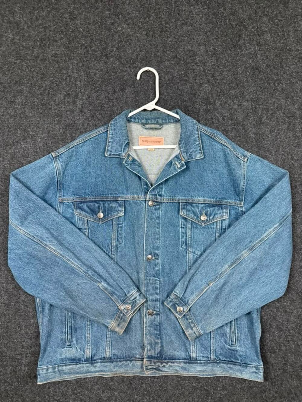 Vintage Port Authority blue denim jacket cat embroidery back men XL J792